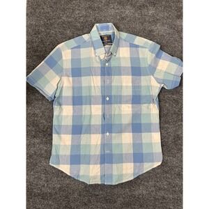 Brook Taverner Linen Cotton Classic Fit‎ Blue White Plaid Shirt Size M